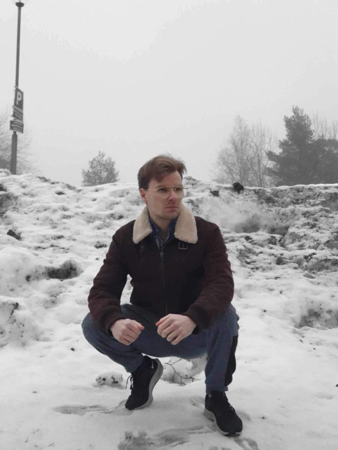 Jacob, a modern man, outside in the snow